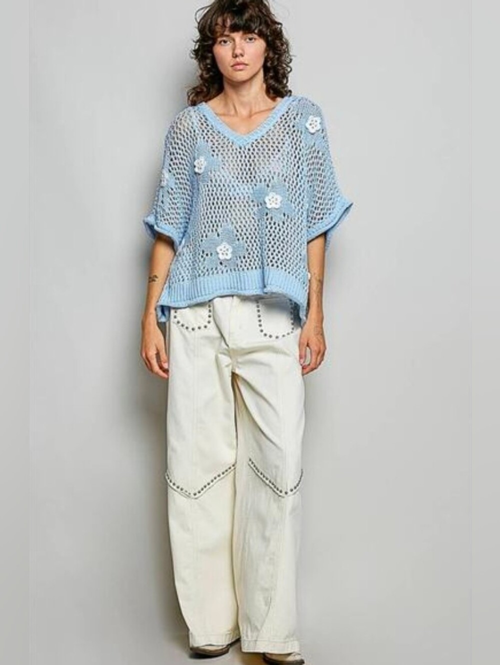 POL"Bloomin Filly" Floral Patch Open Sweater Top Sky Blue Sz S - Picture 6 of 10